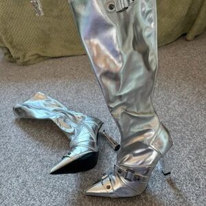 PrettyLittleThing Shiny Silver Heeled Boots